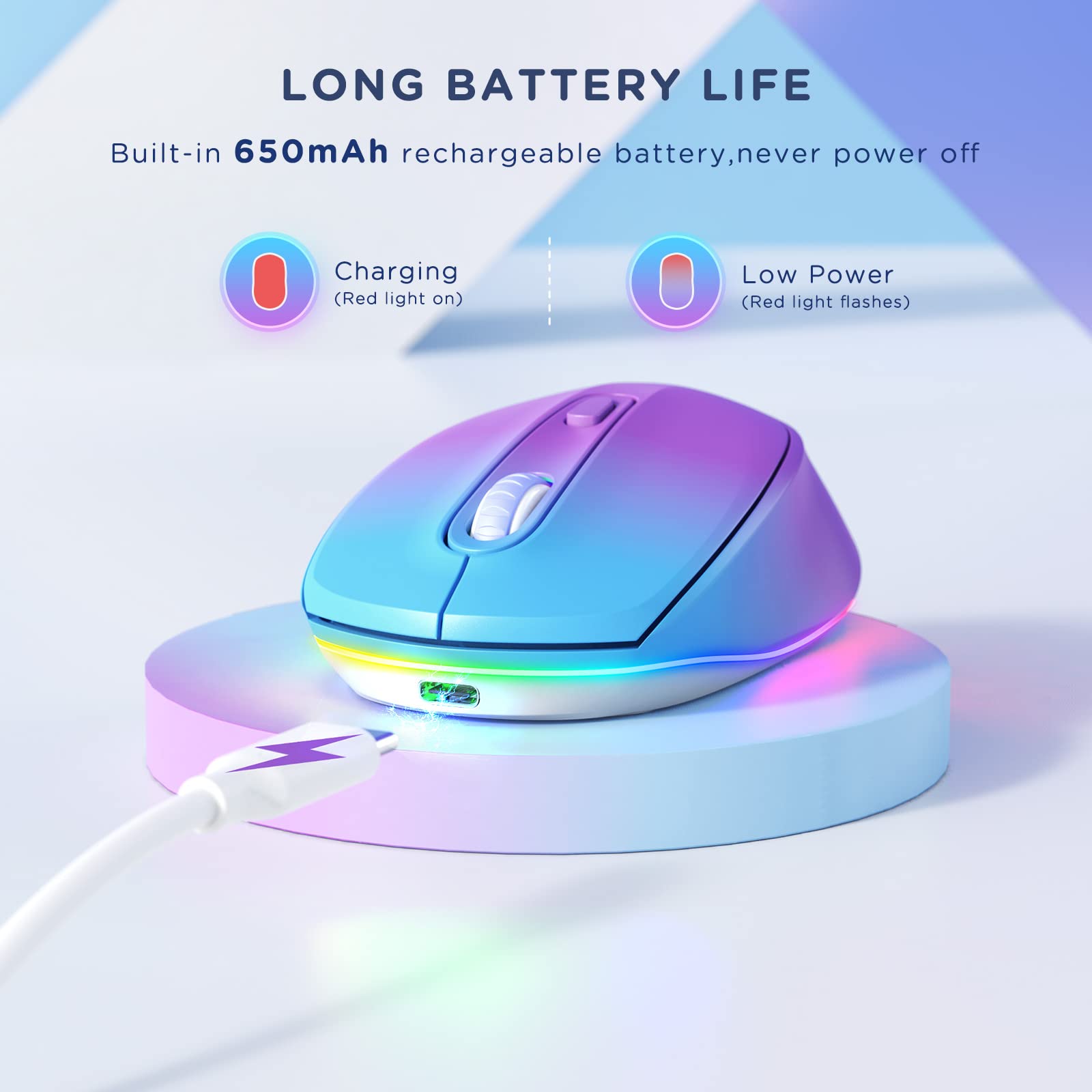 Seenda Wireless Mouse, Rechargeable Light Up Mouse For Laptop, Small Cordless Mice With Quiet Click Led Rainbow Lights For Pc Computer Chromebook Windows Mac, Blue &Purple